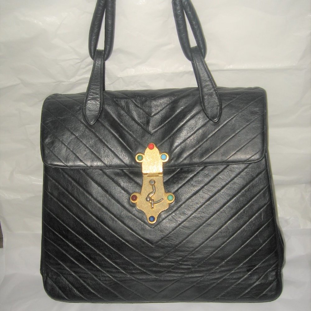 ❤️ HARRY ROSENFELD XL Black Soft Quilted V Leather Cabachon Top Handle Bag